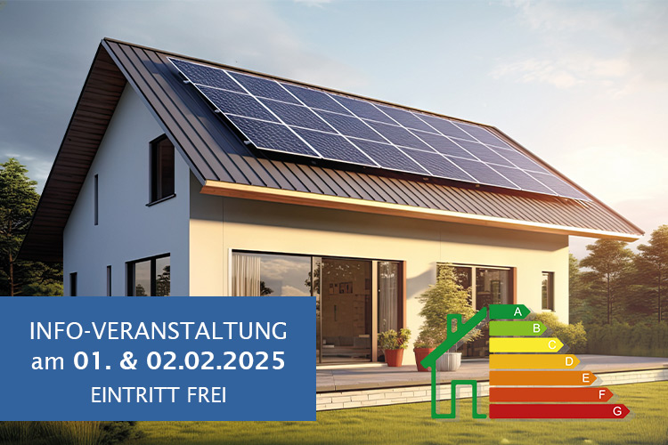 Energiespartage Ruhr: Haus mit Photovoltaikanlage und Symbol für Energieklasse.