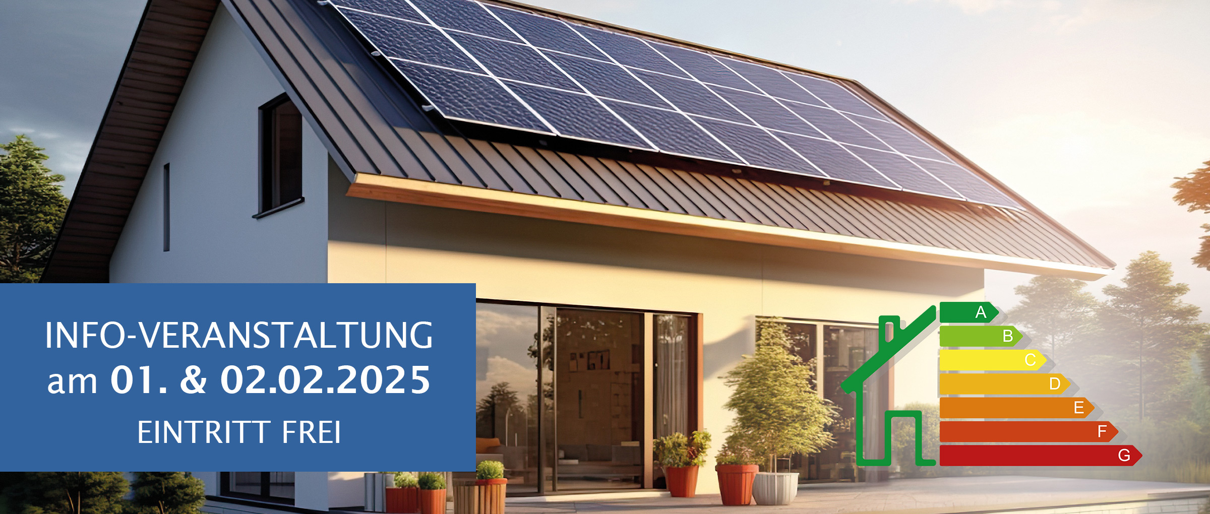 Energiespartage Ruhr: Haus mit Photovoltaikanlage und Symbol für Energieklasse.